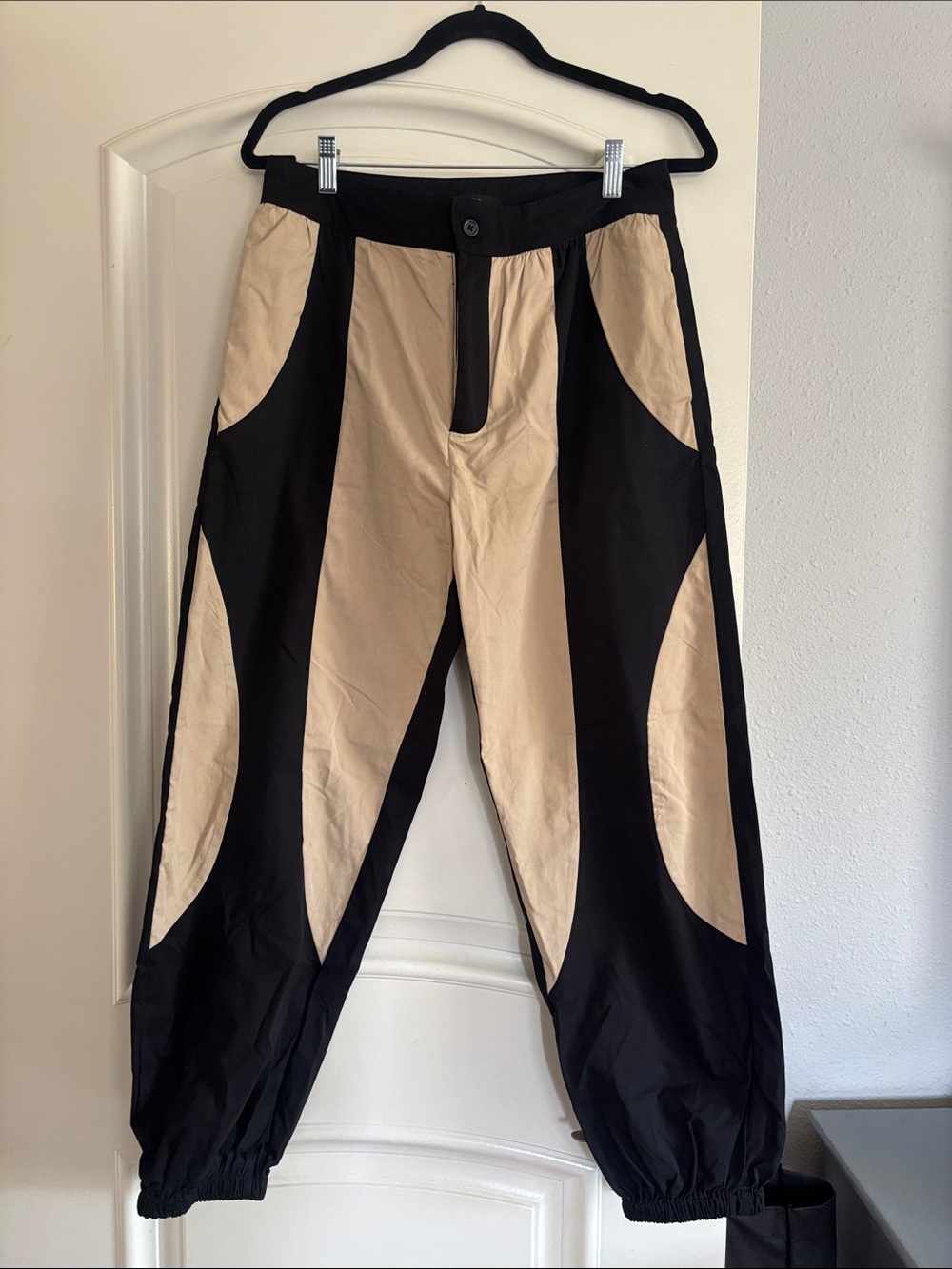 Two-Tone Beige and Black Casual Jogger Pants